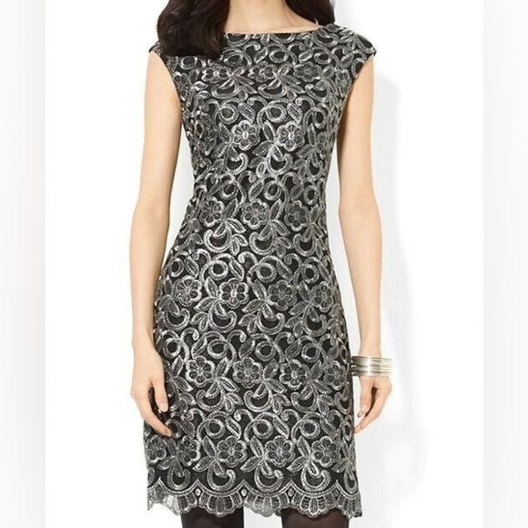 Lauren Ralph Lauren Metallic Embroidered Floral Cap Sleeve Sheath Dress … - Picture 2 of 10